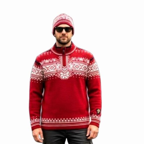 Dale of Norway Vintage 125th Anniversary 2004 Red Fair Isle 1/4 Zip Wool Sweater - Picture 1 of 12